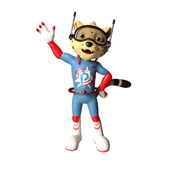 Mascote da Pointnet acenando, vestindo uniforme azul e vermelho com óculos de proteção